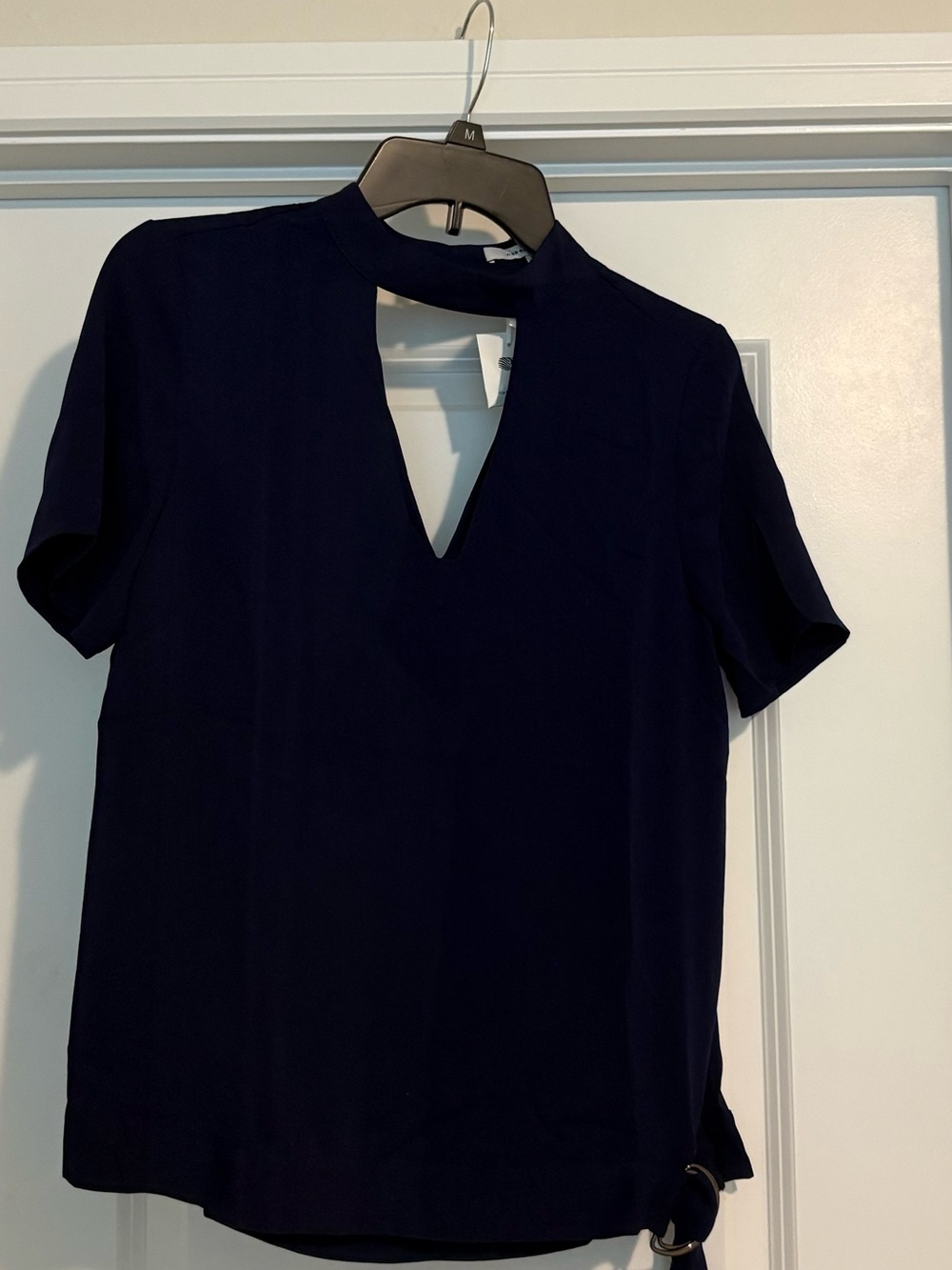 Naked Zebra Navy Short-Sleeve Keyhole Mock Neck Blouse